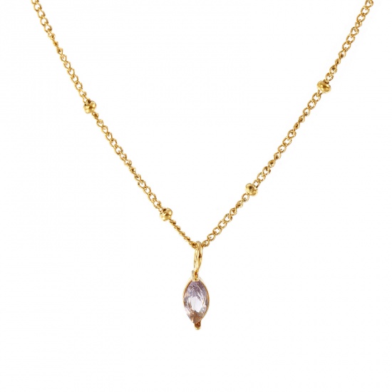 Immagine di 18K Real Gold Plated Curb Link Chain Marquise Pendant Charm Necklace, 304 Stainless Steel 45cm(17.7") + 5cm(2"), For Women, Purple Cubic Zirconia February Birthstone Stylish Gift, Eco-friendly PVD Vacuum Plating, 1 Piece