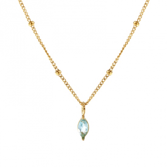 Immagine di 18K Real Gold Plated Curb Link Chain Marquise Pendant Charm Necklace, 304 Stainless Steel 45cm(17.7") + 5cm(2"), For Women, Aqua Blue Cubic Zirconia March Birthstone Stylish Gift, Eco-friendly PVD Vacuum Plating, 1 Piece
