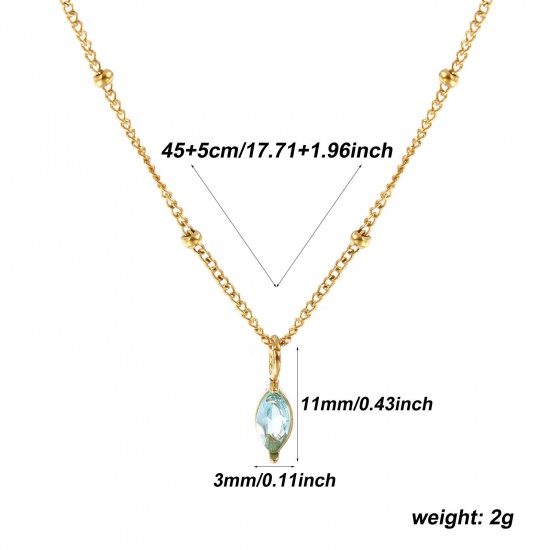 Immagine di 18K Real Gold Plated Curb Link Chain Marquise Pendant Charm Necklace, 304 Stainless Steel 45cm(17.7") + 5cm(2"), For Women, Aqua Blue Cubic Zirconia March Birthstone Stylish Gift, Eco-friendly PVD Vacuum Plating, 1 Piece