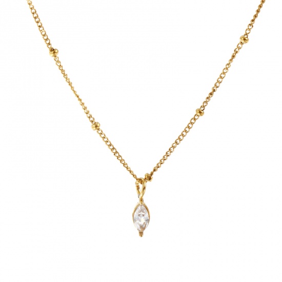 18K Real Gold Plated Curb Link Chain Marquise Pendant Charm Necklace, 304 Stainless Steel 45cm(17.7") + 5cm(2"), For Women, Clear Cubic Zirconia April Birthstone Stylish Gift, Eco-friendly PVD Vacuum Plating, 1 Piece の画像