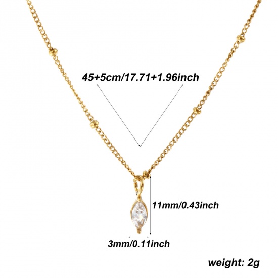 Immagine di 18K Real Gold Plated Curb Link Chain Marquise Pendant Charm Necklace, 304 Stainless Steel 45cm(17.7") + 5cm(2"), For Women, Clear Cubic Zirconia April Birthstone Stylish Gift, Eco-friendly PVD Vacuum Plating, 1 Piece