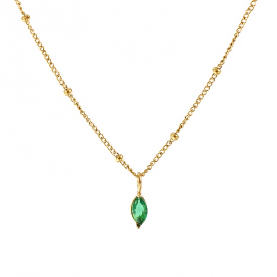 18K Real Gold Plated Curb Link Chain Marquise Pendant Charm Necklace, 304 Stainless Steel 45cm(17.7") + 5cm(2"), For Women, Emerald Cubic Zirconia May Birthstone Stylish Gift, Eco-friendly PVD Vacuum Plating, 1 Piece の画像