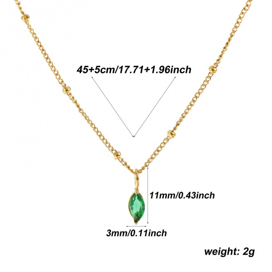 Immagine di 18K Real Gold Plated Curb Link Chain Marquise Pendant Charm Necklace, 304 Stainless Steel 45cm(17.7") + 5cm(2"), For Women, Emerald Cubic Zirconia May Birthstone Stylish Gift, Eco-friendly PVD Vacuum Plating, 1 Piece