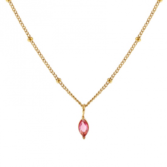 Immagine di 18K Real Gold Plated Curb Link Chain Marquise Pendant Charm Necklace, 304 Stainless Steel 45cm(17.7") + 5cm(2"), For Women, Fuchsia Cubic Zirconia July Birthstone Stylish Gift, Eco-friendly PVD Vacuum Plating, 1 Piece
