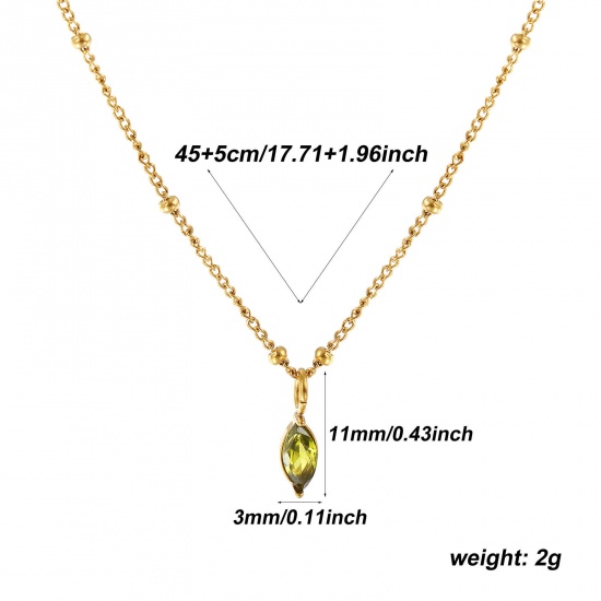18K Real Gold Plated Curb Link Chain Marquise Pendant Charm Necklace, 304 Stainless Steel 45cm(17.7") + 5cm(2"), For Women, Olive Green Cubic Zirconia August Birthstone Stylish Gift, Eco-friendly PVD Vacuum Plating, 1 Piece の画像