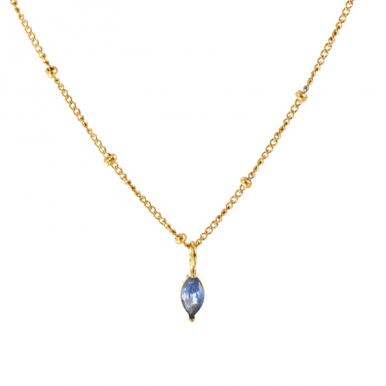 Immagine di 18K Real Gold Plated Curb Link Chain Marquise Pendant Charm Necklace, 304 Stainless Steel 45cm(17.7") + 5cm(2"), For Women, Royal Blue Cubic Zirconia September Birthstone Stylish Gift, Eco-friendly PVD Vacuum Plating, 1 Piece