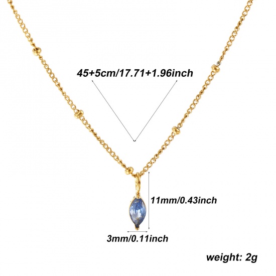 Immagine di 18K Real Gold Plated Curb Link Chain Marquise Pendant Charm Necklace, 304 Stainless Steel 45cm(17.7") + 5cm(2"), For Women, Royal Blue Cubic Zirconia September Birthstone Stylish Gift, Eco-friendly PVD Vacuum Plating, 1 Piece