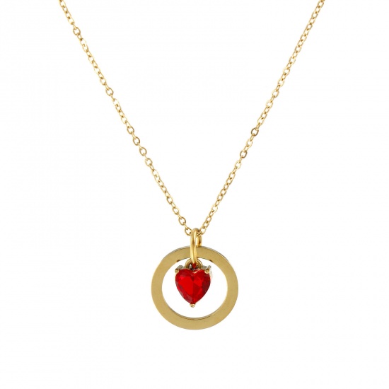 Imagen de 18K Real Gold Plated Link Cable Chain Heart Pendant Charm Necklace, 304 Stainless Steel 45cm(17.7") + 5cm(2"), For Women, Red Cubic Zirconia Hollow, Valentine's Day Dainty Gift, Eco-friendly PVD Vacuum Plating, 1 Piece