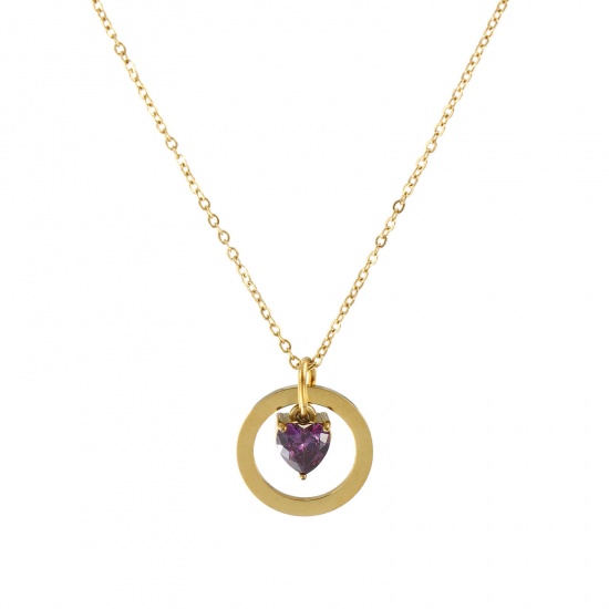 Imagen de 18K Real Gold Plated Link Cable Chain Heart Pendant Charm Necklace, 304 Stainless Steel 45cm(17.7") + 5cm(2"), For Women, Purple Cubic Zirconia Hollow, Valentine's Day Dainty Gift, Eco-friendly PVD Vacuum Plating, 1 Piece
