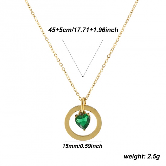Imagen de 18K Real Gold Plated Link Cable Chain Heart Pendant Charm Necklace, 304 Stainless Steel 45cm(17.7") + 5cm(2"), For Women, Emerald Cubic Zirconia Hollow, Valentine's Day Dainty Gift, Eco-friendly PVD Vacuum Plating, 1 Piece