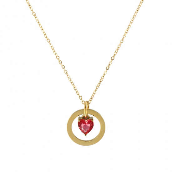 18K Real Gold Plated Link Cable Chain Heart Pendant Charm Necklace, 304 Stainless Steel 45cm(17.7") + 5cm(2"), For Women, Rose Red Cubic Zirconia Hollow, Valentine's Day Dainty Gift, Eco-friendly PVD Vacuum Plating, 1 Piece の画像