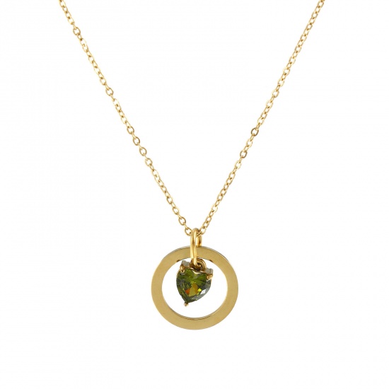 18K Real Gold Plated Link Cable Chain Heart Pendant Charm Necklace, 304 Stainless Steel 45cm(17.7") + 5cm(2"), For Women, Olive Green Cubic Zirconia Hollow, Valentine's Day Dainty Gift, Eco-friendly PVD Vacuum Plating, 1 Piece の画像