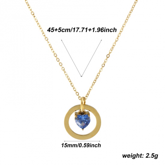 Imagen de 18K Real Gold Plated Link Cable Chain Heart Pendant Charm Necklace, 304 Stainless Steel 45cm(17.7") + 5cm(2"), For Women, Blue Cubic Zirconia Hollow, Valentine's Day Dainty Gift, Eco-friendly PVD Vacuum Plating, 1 Piece