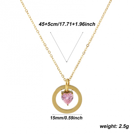 18K Real Gold Plated Link Cable Chain Heart Pendant Charm Necklace, 304 Stainless Steel 45cm(17.7") + 5cm(2"), For Women, Pink Cubic Zirconia Hollow, Valentine's Day Dainty Gift, Eco-friendly PVD Vacuum Plating, 1 Piece の画像