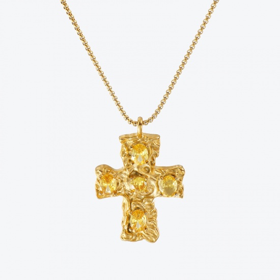 Immagine di 18K Gold Plated Box Chain Cross Pendant Charm Necklace, 304 Stainless Steel 45cm(17.7") + 5cm(2"), For Women, Yellow Cubic Zirconia Religious Retro Gift, Eco-friendly PVD Vacuum Plating, 1 Piece