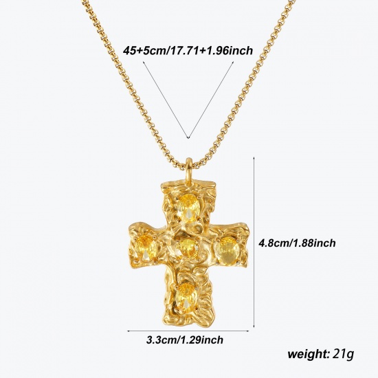 Immagine di 18K Gold Plated Box Chain Cross Pendant Charm Necklace, 304 Stainless Steel 45cm(17.7") + 5cm(2"), For Women, Yellow Cubic Zirconia Religious Retro Gift, Eco-friendly PVD Vacuum Plating, 1 Piece