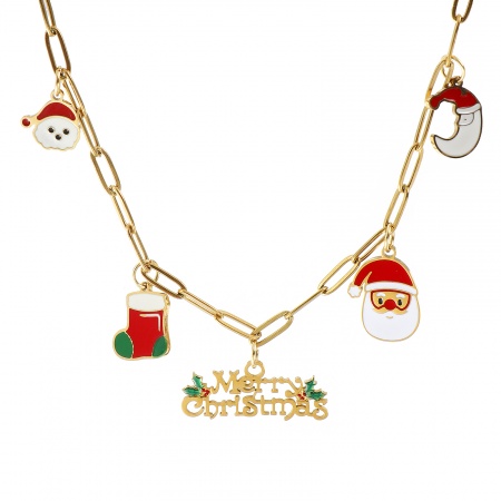 Immagine di 18K Vero Oro Placcato Catena a Graffetta Pupazzo Natale Collana con Ciondolo, 304 Acciaio Inossidabile 42cm + 5cm, Per Donne, Messaggio " Merry Christmas " Multicolore Smalto Carino Elegante Regalo, Placcatura Sottovuoto PVD Ecologica Impermeabile Anti-Ossidante Ipoallergenico, 1 Pz