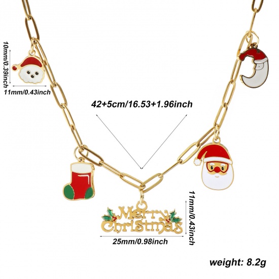 18K Real Gold Plated Paperclip Link Chain Christmas Snowman Pendant Charm Necklace, 304 Stainless Steel 42cm(16.5") + 5cm(2"), For Women, Message " Merry Christmas " Multicolor Enamel Cute Stylish Gift, Eco-friendly PVD Vacuum Plating, 1 Piece の画像