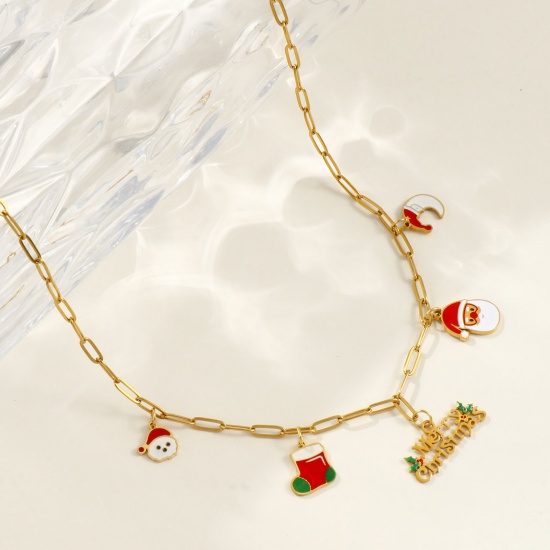 18K Real Gold Plated Paperclip Link Chain Christmas Snowman Pendant Charm Necklace, 304 Stainless Steel 42cm(16.5") + 5cm(2"), For Women, Message " Merry Christmas " Multicolor Enamel Cute Stylish Gift, Eco-friendly PVD Vacuum Plating, 1 Piece の画像
