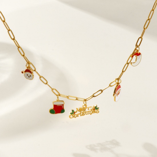 18K Real Gold Plated Paperclip Link Chain Christmas Snowman Pendant Charm Necklace, 304 Stainless Steel 42cm(16.5") + 5cm(2"), For Women, Message " Merry Christmas " Multicolor Enamel Cute Stylish Gift, Eco-friendly PVD Vacuum Plating, 1 Piece の画像