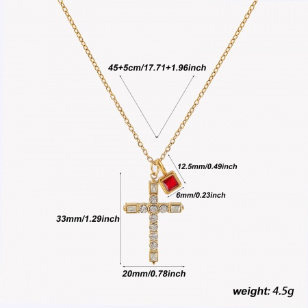 Picture of 18K Real Gold Plated Link Cable Chain Cross Pendant Charm Necklace, 304 Stainless Steel 45cm(17.7") + 5cm(2"), For Women, Clear Cubic Zirconia Wine Red January Birthstone Retro Gift, Eco-friendly PVD Vacuum Plating Waterproof Anti-Tarnish Hypoallergenic, 1 Piece