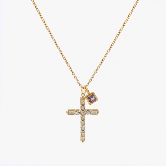Bild von 18K Real Gold Plated Link Cable Chain Cross Pendant Charm Necklace, 304 Stainless Steel 45cm(17.7") + 5cm(2"), For Women, Clear Cubic Zirconia Purple February Birthstone Retro Gift, Eco-friendly PVD Vacuum Plating, 1 Piece