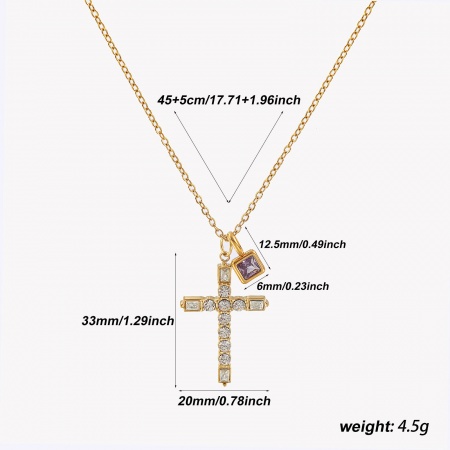 Picture of 18K Real Gold Plated Link Cable Chain Cross Pendant Charm Necklace, 304 Stainless Steel 45cm(17.7") + 5cm(2"), For Women, Clear Cubic Zirconia Purple February Birthstone Retro Gift, Eco-friendly PVD Vacuum Plating Waterproof Anti-Tarnish Hypoallergenic, 1 Piece