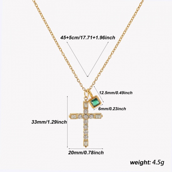 Bild von 18K Real Gold Plated Link Cable Chain Cross Pendant Charm Necklace, 304 Stainless Steel 45cm(17.7") + 5cm(2"), For Women, Clear Cubic Zirconia Emerald May Birthstone Retro Gift, Eco-friendly PVD Vacuum Plating, 1 Piece