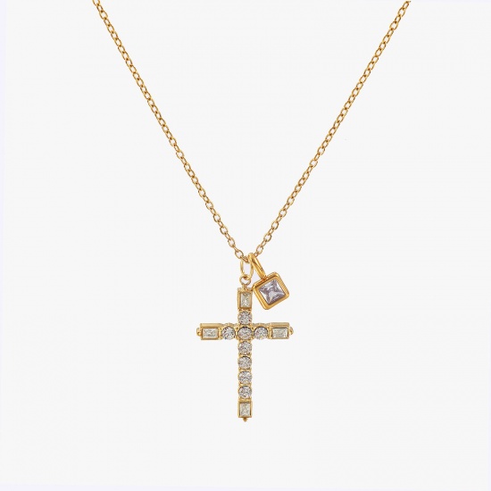 Bild von 18K Real Gold Plated Link Cable Chain Cross Pendant Charm Necklace, 304 Stainless Steel 45cm(17.7") + 5cm(2"), For Women, Clear Cubic Zirconia Mauve June Birthstone Retro Gift, Eco-friendly PVD Vacuum Plating, 1 Piece