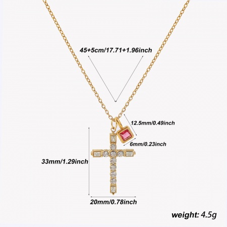 Picture of 18K Real Gold Plated Link Cable Chain Cross Pendant Charm Necklace, 304 Stainless Steel 45cm(17.7") + 5cm(2"), For Women, Clear Cubic Zirconia Fuchsia July Birthstone Retro Gift, Eco-friendly PVD Vacuum Plating Waterproof Anti-Tarnish Hypoallergenic, 1 Piece