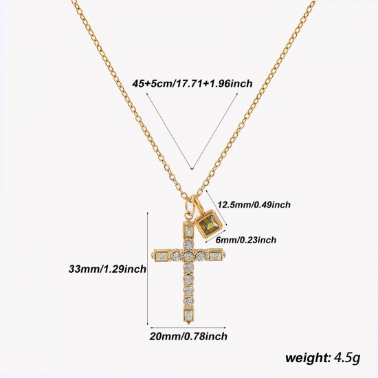 Bild von 18K Real Gold Plated Link Cable Chain Cross Pendant Charm Necklace, 304 Stainless Steel 45cm(17.7") + 5cm(2"), For Women, Clear Cubic Zirconia Olive Green August Birthstone Retro Gift, Eco-friendly PVD Vacuum Plating, 1 Piece