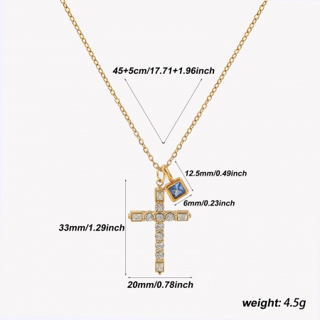 Picture of 18K Real Gold Plated Link Cable Chain Cross Pendant Charm Necklace, 304 Stainless Steel 45cm(17.7") + 5cm(2"), For Women, Clear Cubic Zirconia Royal Blue September Birthstone Retro Gift, Eco-friendly PVD Vacuum Plating Waterproof Anti-Tarnish Hypoallergenic, 1 Piece