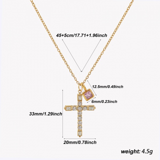 Bild von 18K Real Gold Plated Link Cable Chain Cross Pendant Charm Necklace, 304 Stainless Steel 45cm(17.7") + 5cm(2"), For Women, Clear Cubic Zirconia Pink October Birthstone Retro Gift, Eco-friendly PVD Vacuum Plating, 1 Piece