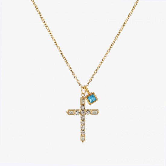 Bild von 18K Real Gold Plated Link Cable Chain Cross Pendant Charm Necklace, 304 Stainless Steel 45cm(17.7") + 5cm(2"), For Women, Clear Cubic Zirconia Green Blue December Birthstone Retro Gift, Eco-friendly PVD Vacuum Plating, 1 Piece