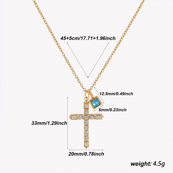 Bild von 18K Real Gold Plated Link Cable Chain Cross Pendant Charm Necklace, 304 Stainless Steel 45cm(17.7") + 5cm(2"), For Women, Clear Cubic Zirconia Green Blue December Birthstone Retro Gift, Eco-friendly PVD Vacuum Plating, 1 Piece