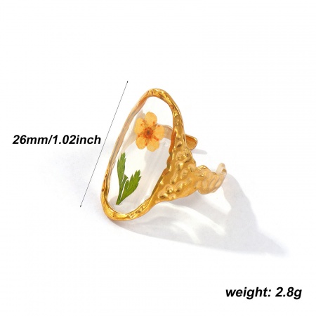 Picture of 1 Piece Eco-friendly PVD Vacuum Plating Waterproof Anti-Tarnish Hypoallergenic Stylish Handmade Resin Jewelry Real Flower 18K Real Gold Plated Multicolor 304 Stainless Steel Open Adjustable Oval Flower Rings For Women Gift 18.1mm(US Size 8)