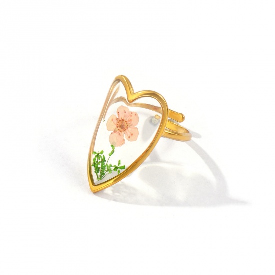 Изображение 1 Piece Eco-friendly PVD Vacuum Plating Stylish Handmade Resin Jewelry Real Flower 18K Real Gold Plated Multicolor 304 Stainless Steel Open Adjustable Heart Flower Rings For Women Gift 17.3mm(US Size 7)