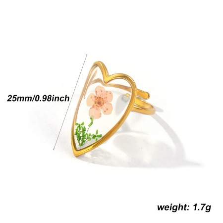 Picture of 1 Piece Eco-friendly PVD Vacuum Plating Waterproof Anti-Tarnish Hypoallergenic Stylish Handmade Resin Jewelry Real Flower 18K Real Gold Plated Multicolor 304 Stainless Steel Open Adjustable Heart Flower Rings For Women Gift 17.3mm(US Size 7)