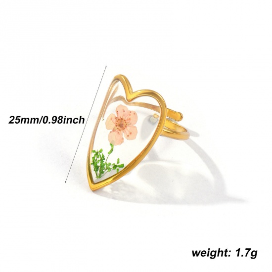 Изображение 1 Piece Eco-friendly PVD Vacuum Plating Stylish Handmade Resin Jewelry Real Flower 18K Real Gold Plated Multicolor 304 Stainless Steel Open Adjustable Heart Flower Rings For Women Gift 17.3mm(US Size 7)