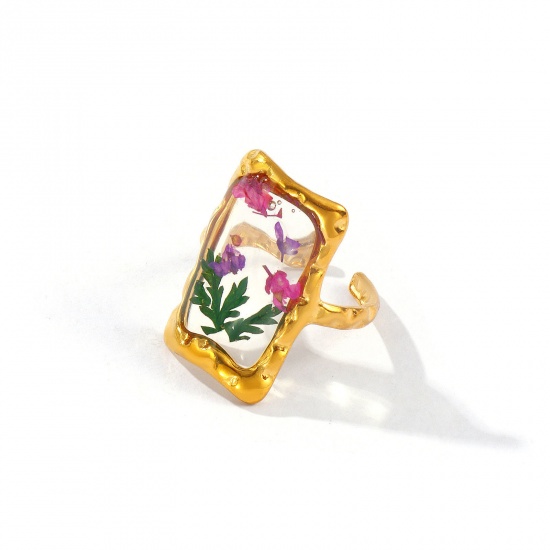 Изображение 1 Piece Eco-friendly PVD Vacuum Plating Stylish Handmade Resin Jewelry Real Flower 18K Real Gold Plated Multicolor 304 Stainless Steel Open Adjustable Rectangle Flower Rings For Women Gift 17.3mm(US Size 7)