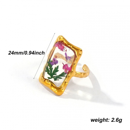Picture of 1 Piece Eco-friendly PVD Vacuum Plating Waterproof Anti-Tarnish Hypoallergenic Stylish Handmade Resin Jewelry Real Flower 18K Real Gold Plated Multicolor 304 Stainless Steel Open Adjustable Rectangle Flower Rings For Women Gift 17.3mm(US Size 7)
