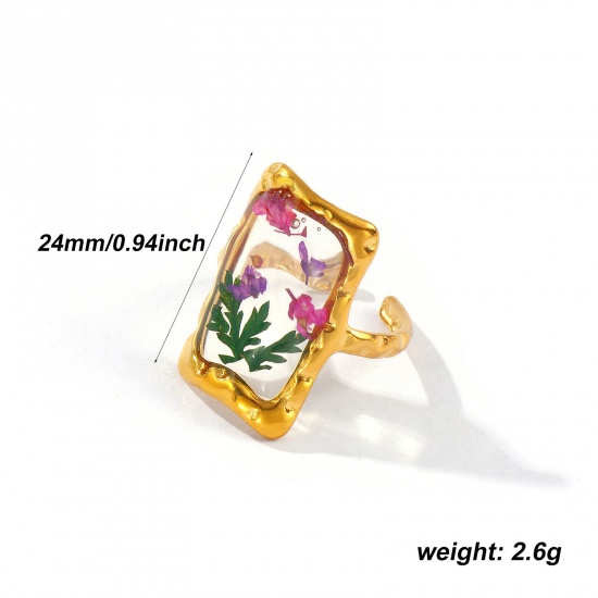 Изображение 1 Piece Eco-friendly PVD Vacuum Plating Stylish Handmade Resin Jewelry Real Flower 18K Real Gold Plated Multicolor 304 Stainless Steel Open Adjustable Rectangle Flower Rings For Women Gift 17.3mm(US Size 7)