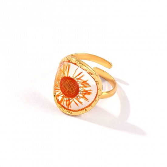 Изображение 1 Piece Eco-friendly PVD Vacuum Plating Stylish Handmade Resin Jewelry Real Flower 18K Real Gold Plated Multicolor 304 Stainless Steel Open Adjustable Round Daisy Flower Rings For Women Gift 17.3mm(US Size 7)