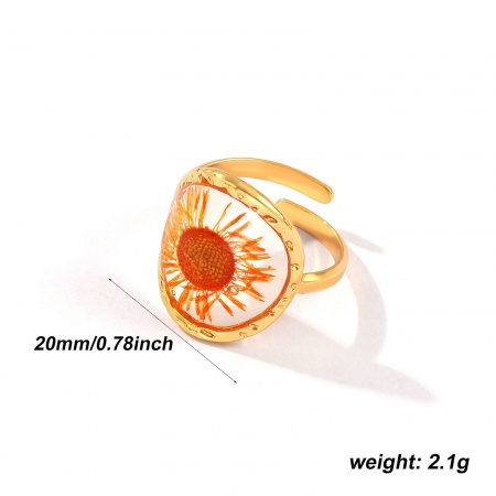 Picture of 1 Piece Eco-friendly PVD Vacuum Plating Waterproof Anti-Tarnish Hypoallergenic Stylish Handmade Resin Jewelry Real Flower 18K Real Gold Plated Multicolor 304 Stainless Steel Open Adjustable Round Daisy Flower Rings For Women Gift 17.3mm(US Size 7)