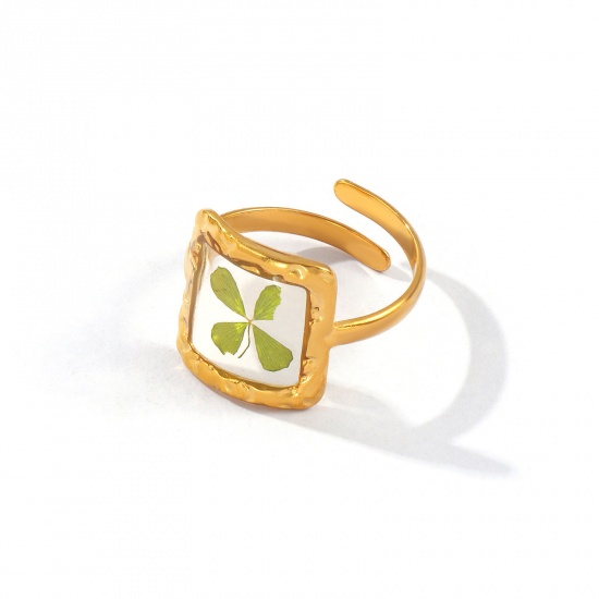 Изображение 1 Piece Eco-friendly PVD Vacuum Plating Stylish Handmade Resin Jewelry Real Flower 18K Real Gold Plated Green 304 Stainless Steel Open Adjustable Square Four Leaf Clover Rings For Women Gift 17.3mm(US Size 7)