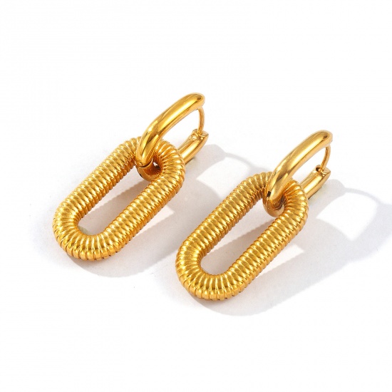 Bild von 1 Pair Eco-friendly PVD Vacuum Plating Dainty Exquisite 18K Real Gold Plated 304 Stainless Steel Oval Two Tone Earrings For Women Gift 3.5cm x 1.3cm, Post/ Wire Size: 1mm(18 gauge)