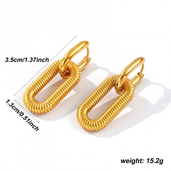Bild von 1 Pair Eco-friendly PVD Vacuum Plating Dainty Exquisite 18K Real Gold Plated 304 Stainless Steel Oval Two Tone Earrings For Women Gift 3.5cm x 1.3cm, Post/ Wire Size: 1mm(18 gauge)
