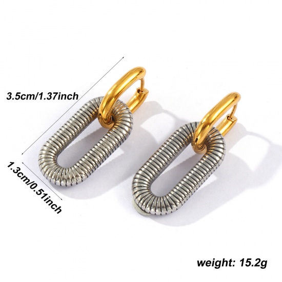 Bild von 1 Pair Eco-friendly PVD Vacuum Plating Dainty Exquisite 18K Real Gold Plated 304 Stainless Steel Oval Two Tone Earrings For Women Gift 3.5cm x 1.3cm, Post/ Wire Size: 1mm(18 gauge)