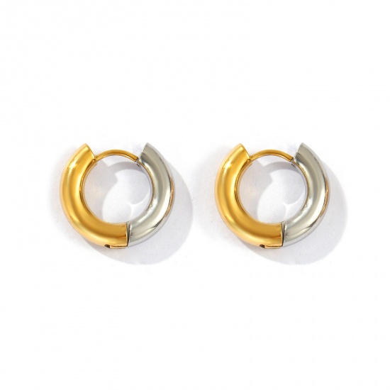 Bild von 1 Pair Eco-friendly PVD Vacuum Plating Minimalist Exquisite 18K Real Gold Plated & Silver Tone 304 Stainless Steel Two Tone Hoop Earrings For Women Gift 18mm x 4mm, Post/ Wire Size: 1mm(18 gauge)
