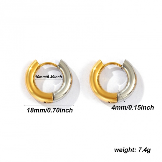 Bild von 1 Pair Eco-friendly PVD Vacuum Plating Minimalist Exquisite 18K Real Gold Plated & Silver Tone 304 Stainless Steel Two Tone Hoop Earrings For Women Gift 18mm x 4mm, Post/ Wire Size: 1mm(18 gauge)